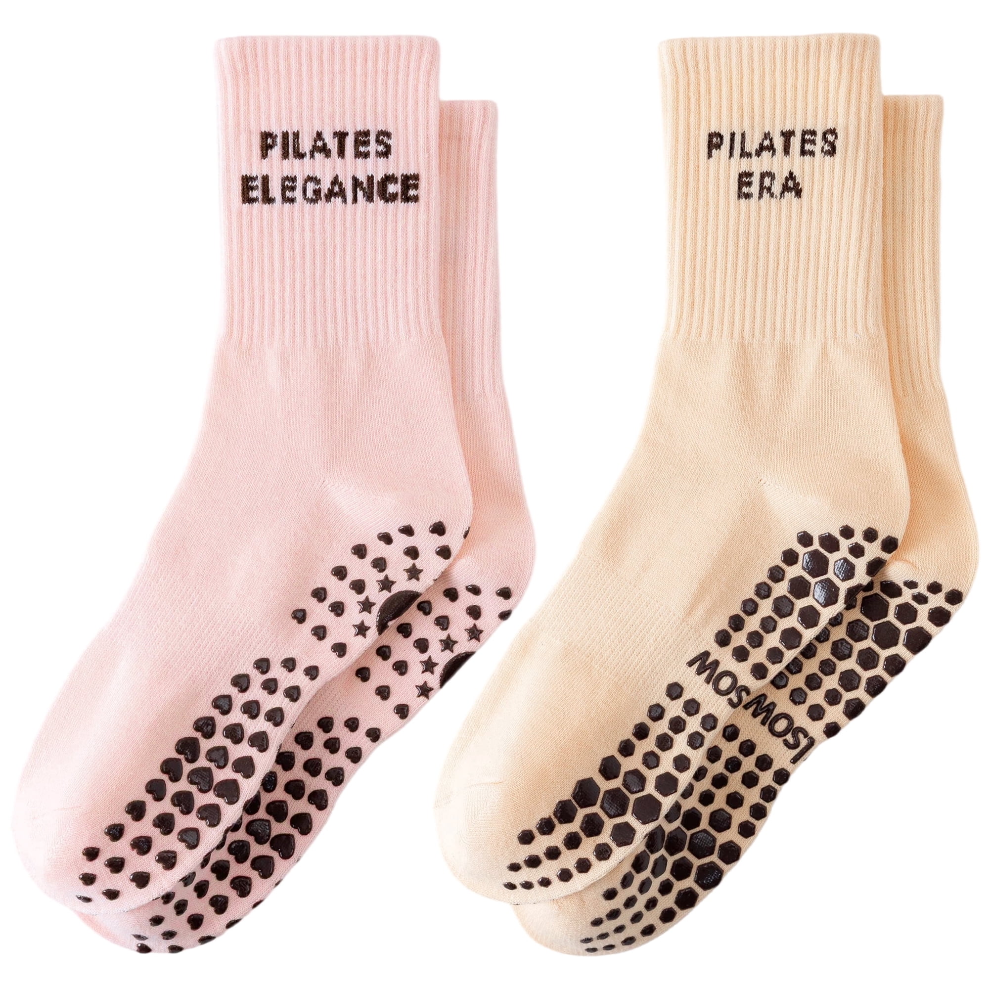 Yawlsow 2 Pairs Pilates Grip Socks for Women, Non-Slip Yoga Socks with Letter Jacquard for Barre Ballet Workout, Dance, US Size 5-10