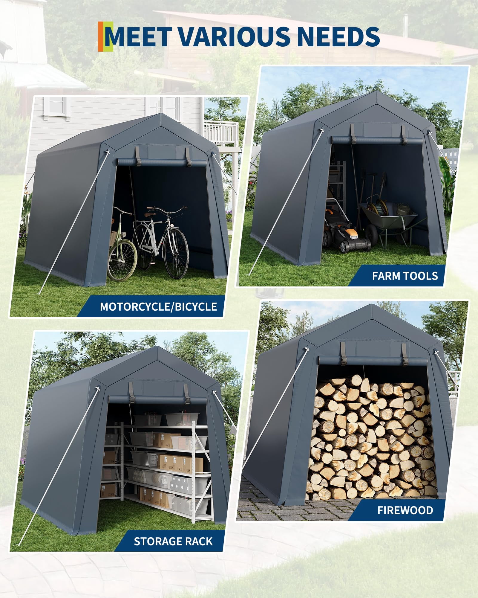 Heavy-Duty Carport Garage for Outdoor Storage, 6x8 FT Waterproof UV-Resistant Portable Shelter with Roll-Up Zipper Doors, Gray/Khaki