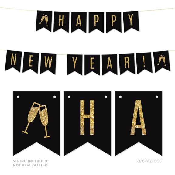 Happy New Year! Gold Glitter Holiday Hanging Pennant Party Banner