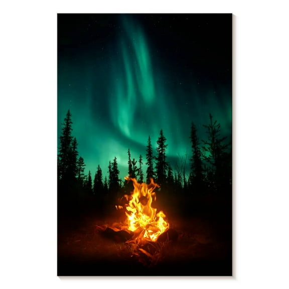 Elephant Stock Campfire Under Northern Lights Wall Art - Vertical Canvas Wall Art - Living Room Wall Decor - Nature Canvas - Black And Teal Decor - 8" x 12"