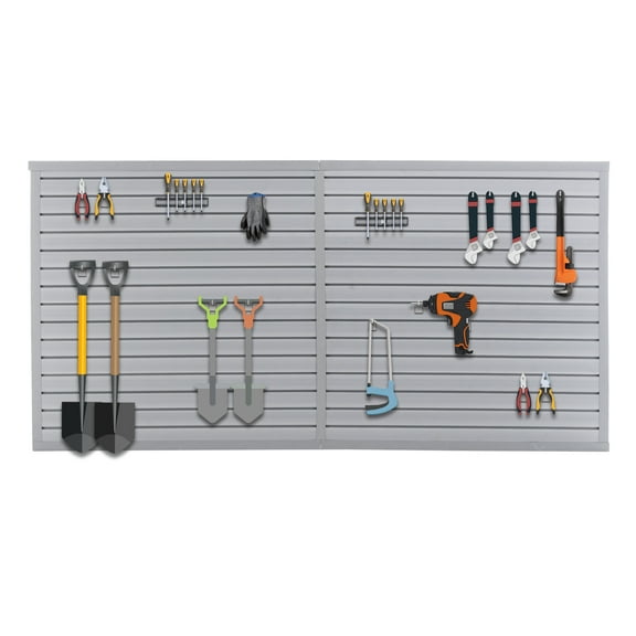 DetalleGo 8x4 ft PVC Slatwall Panel Wall Storage Systems, Interlocking Slat Wall Paneling Garage Wall Organizer, Wall-Mounted Slat Wall Panels for Garage Storage, Shelves, and Tools, Gray