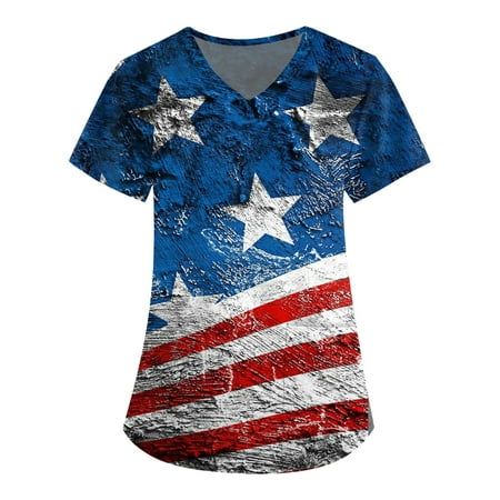 

Tking Fashion Womens Scrubs Plus Size Short Sleeve V Neck Printed Tops Loose Work Uniform Blouses with Pocket Red M