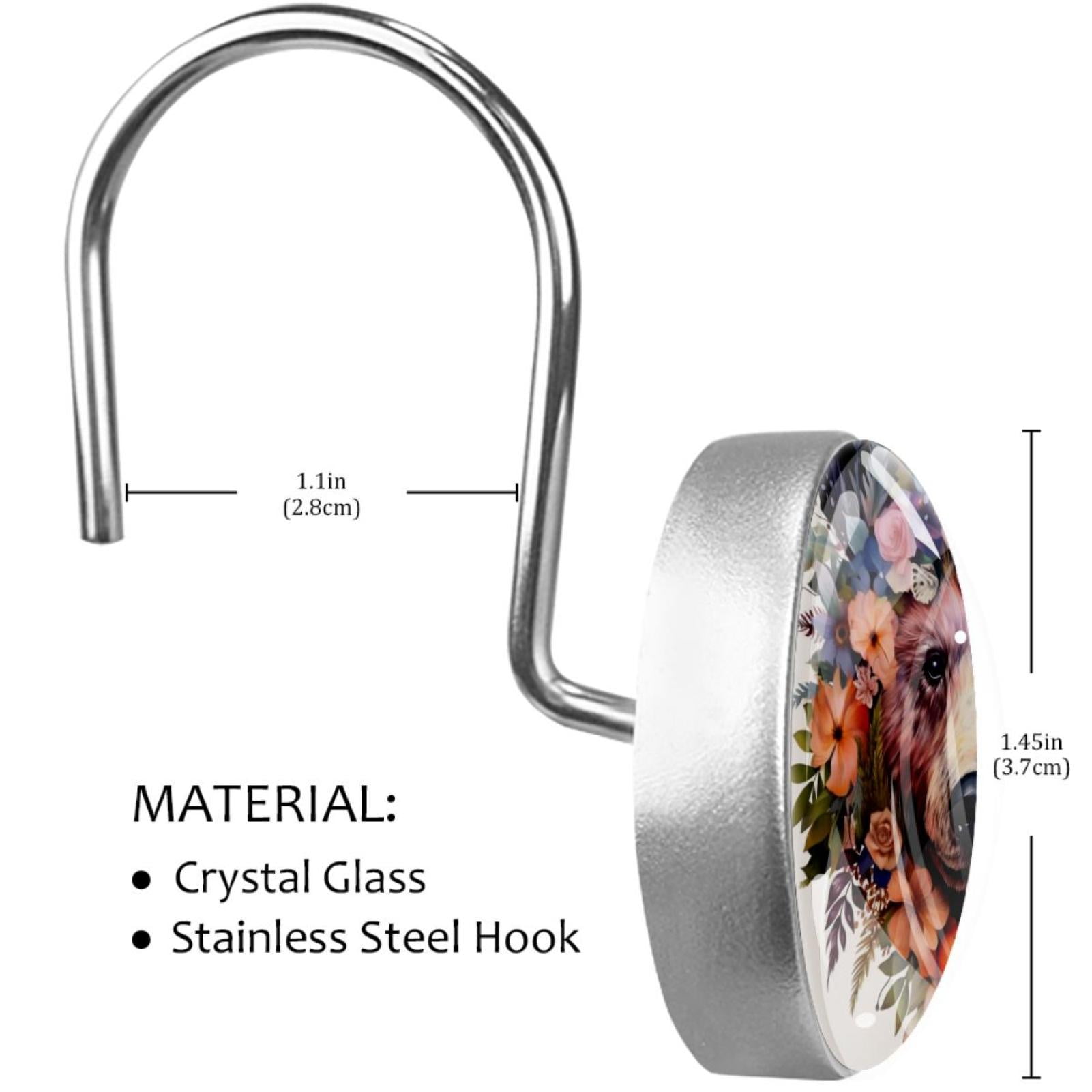 Flower Bear Shower Curtain Hooks （Set of 12） for Home Hotel Shower Rods Bathroom Crystal Glass Print Stainless Steel Round Curtain Hooks