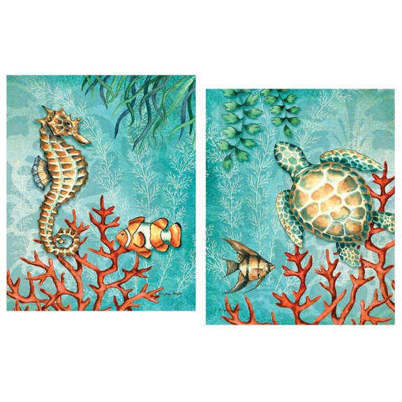 Sea Life Turquoise and Orange Under the Ocean Fish Turtle Seahorse and Coral; Two 11x14in Poster Prints