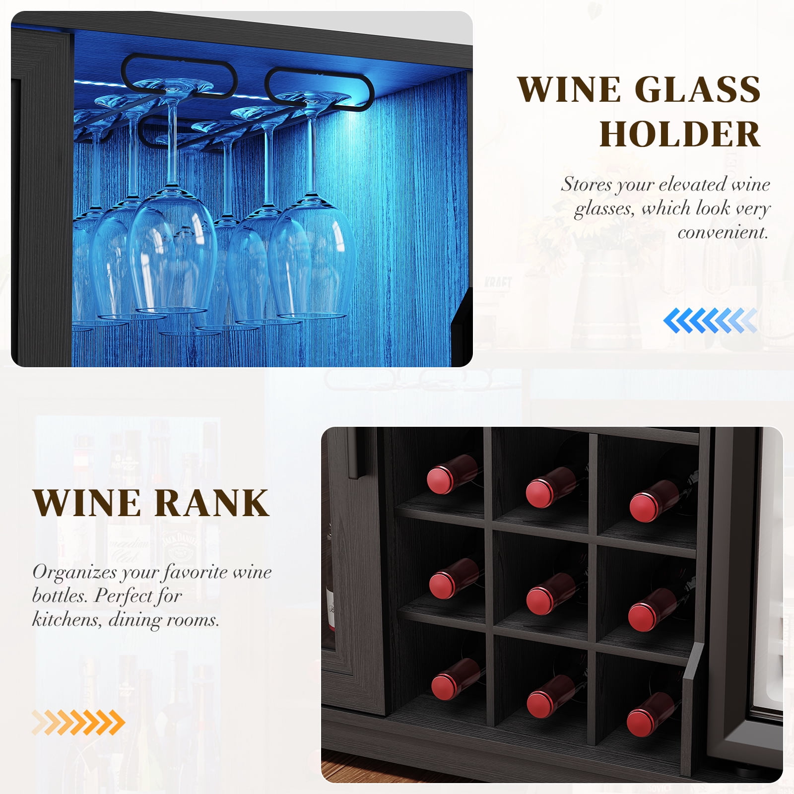 BROTTAR Wine Bar Cabinet with Fridge (Included), 47" Liquor Coffee Bar Cabinet with LED Lights & Rack, Mini Fridge Cabinet with Storage, Human Body Sensor, Buffet Sideboard for Dining Room, Black