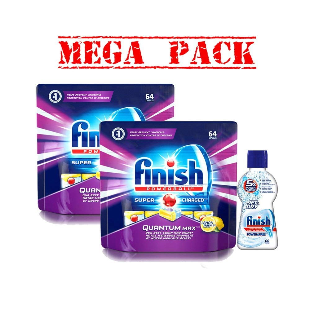 2 X Finish Power Ball Dishwasher 64 & JetDry Rinse Aid 66 Value Pack