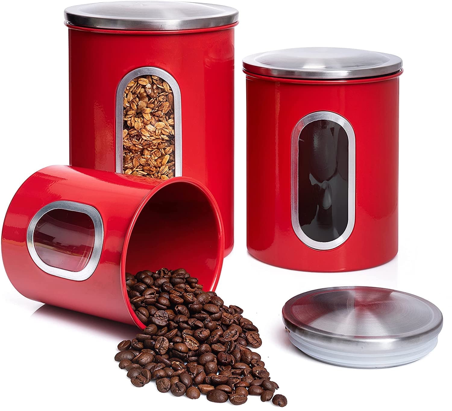 Mixpresso 3 Piece Red Canisters Sets For The Kitchen, Kitchen Jars With See Through Window, Airtight Coffee Container Tea Organizer & Sugar Canister, Kitchen Canisters Set of 3 Red Kitchen Decor.