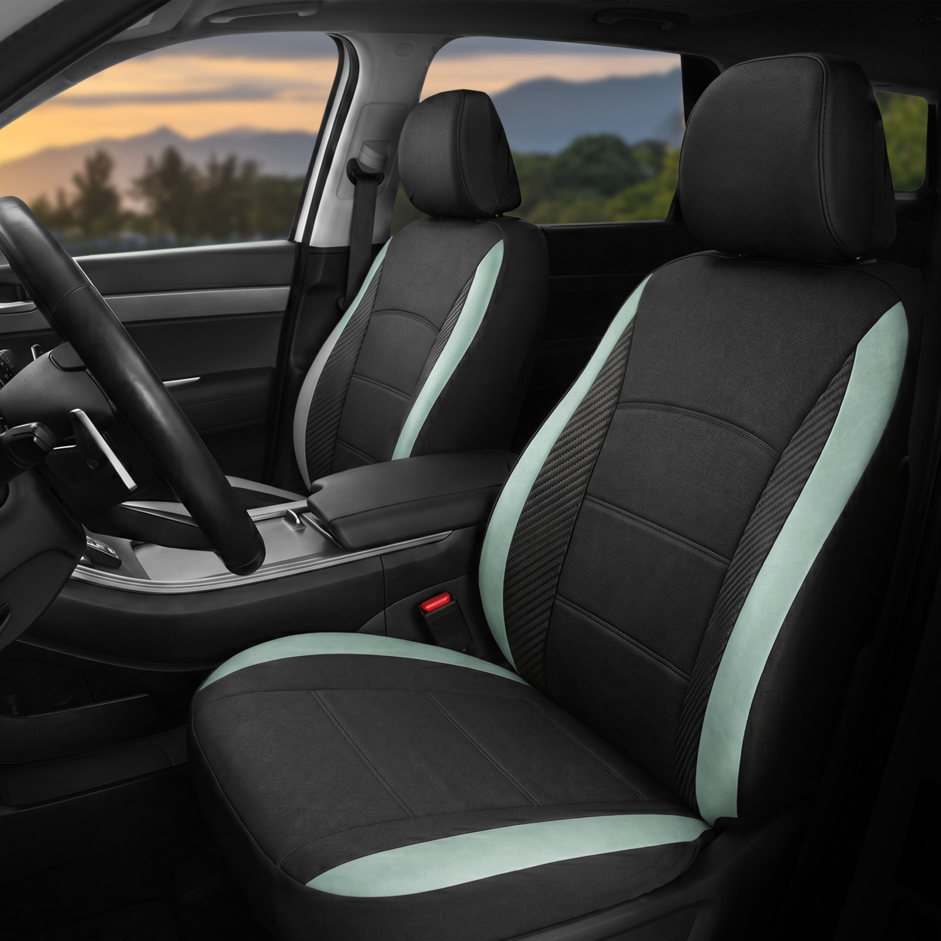 Auto Drive Seat Covers 2 Pack, Sport Front Seat Faux Leather Fits Cars SUV CUV, Black Green