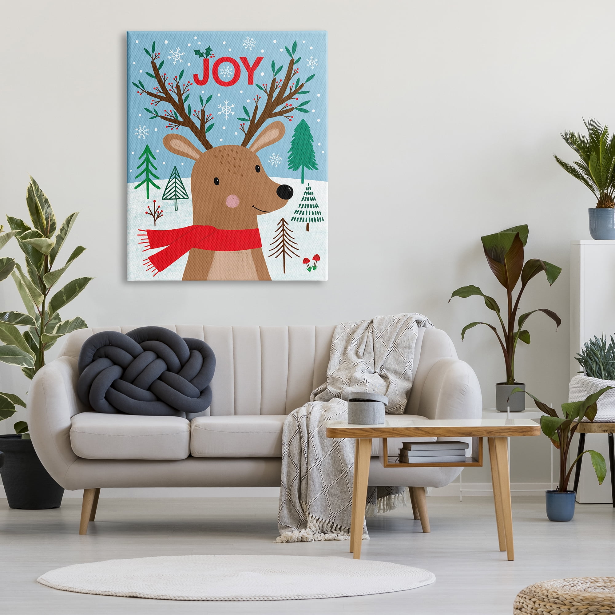 Stupell Industries Red Holly Reindeer Winter Forest Joy Typography Animals & Insects Painting Gallery Wrapped Canvas Print Wall Art, 36 x 48