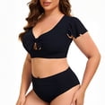 thumbnail image 4 of JIAYUE Women Swimsuit Sets Ruffle Sleeve Scoop Neck Solid Color Two Piece High Waisted Bikini With Backless Tankini Top And Boy Shorts Bottoms Stylish Female Swimwear, 4 of 5