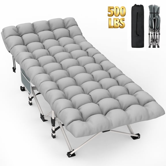 PNKKODW 28" XL Folding Camping Cot for Adults, Max Load 500lbs Portable Sleeping Bed Cot with Mattress & Carry Bag for Outdoor Camping Home Office Nap Travel Guest, Gray Cot Gray Pad