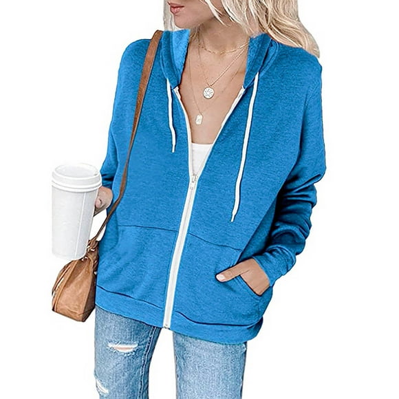 PEZHADA Fall Savings Women Lightweight Thin Zip-Up Hoodie Jacket Plus Size Long Sleeve Drawstring Hooded Sweatshirt with Pocket Blue