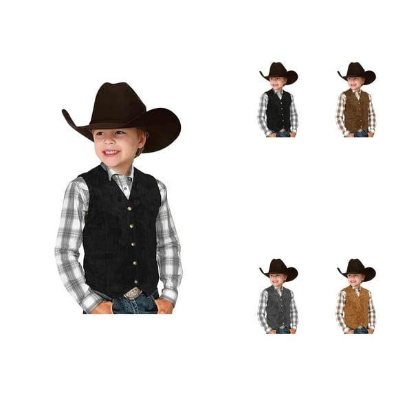 Retro Western Cowboy Vest for Boys, Casual V Neck Stylish Top, Vintage Suede Leather, Sleeveless Slim Fit Waistcoat