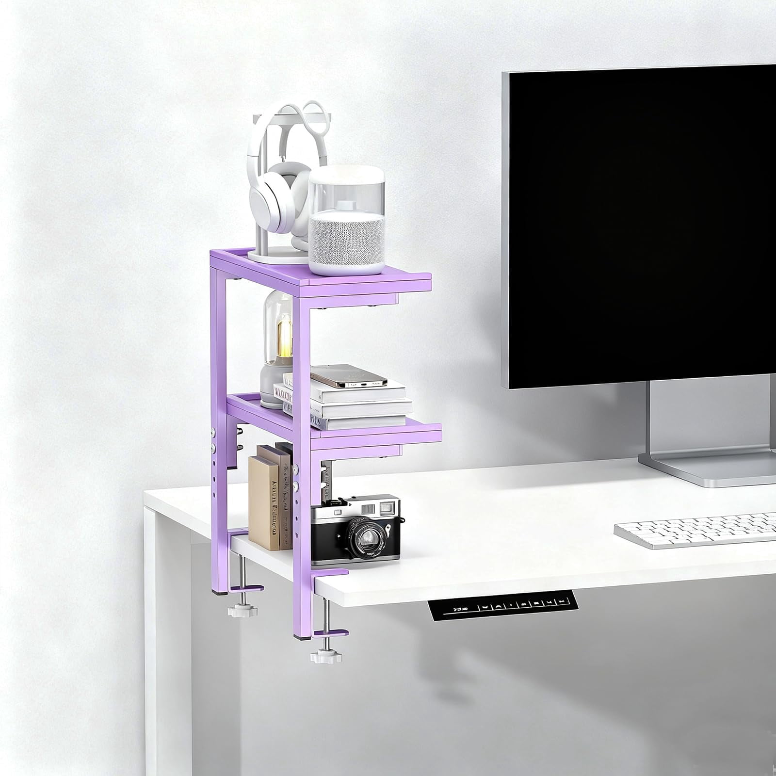 2-tier Desk Shelf  Expandable Under Storage Clamp On Desktop Accessories For Offices Study Rooms And Game (purple)
