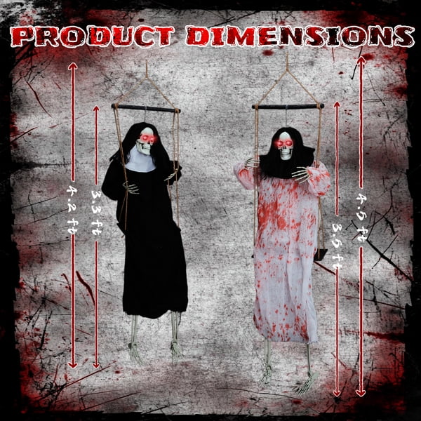 Alvantor 2-Pack 3 ft Hanging Ghost Halloween Decorations with Red LED Eyes and Horror Sound, Black and White
