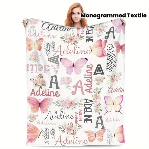 Personalized Blanket Soft Personalized Blanket Custom with Butterfly Floral Design All Season Throw Pink White Contemporary Gift for Girls Women Home Decor Machine Washable