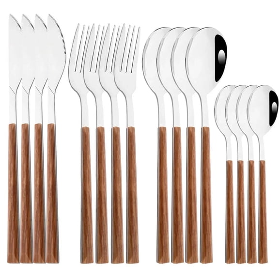 Akatsuki Silverware Set for 4, 16-Piece Stainless Steel Forks and Spoons Dinner Knives Cutlery Utensils Set with Simulated Wooden Handle Flatware Set Mirror Polished and Dishwasher Safe (Silver)