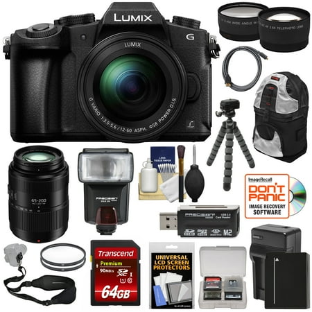 Panasonic Lumix Dslm panasonic lumix dmc-g85 4k wi-fi digital camera & 12-60mm + 45-200mm lens + 64gb card + battery + backpack + flash + tripod + tele/wide lens kit ()