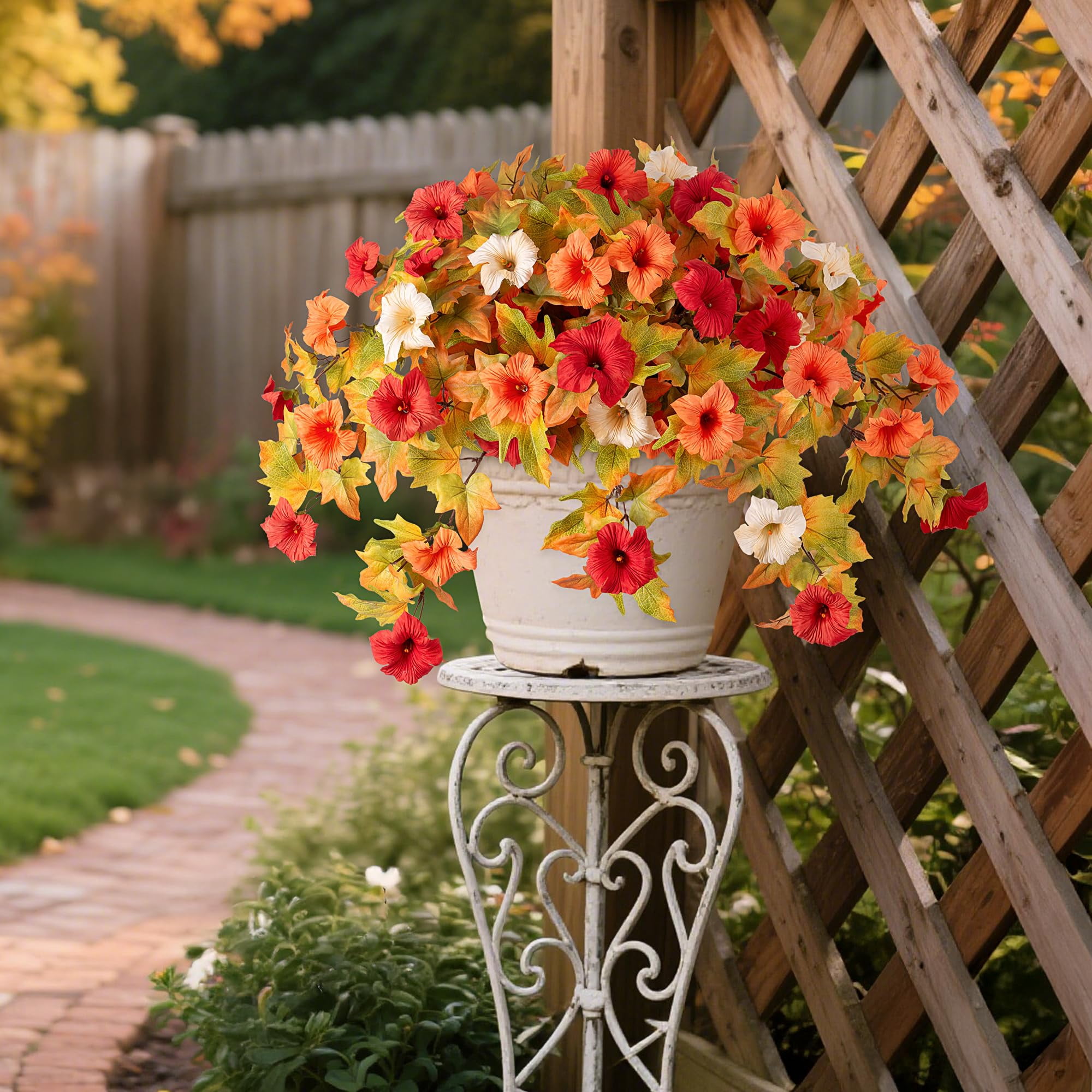 TETOU 2Pcs Artificial Fake Fall Flower for Outdoor, Faux Petunias Silk Flower UV Resistant No Fade for Fall Halloween Thanksgiving  Garden Balcony Yard Porch  Indoor Outdoor Decoration (Orange White)