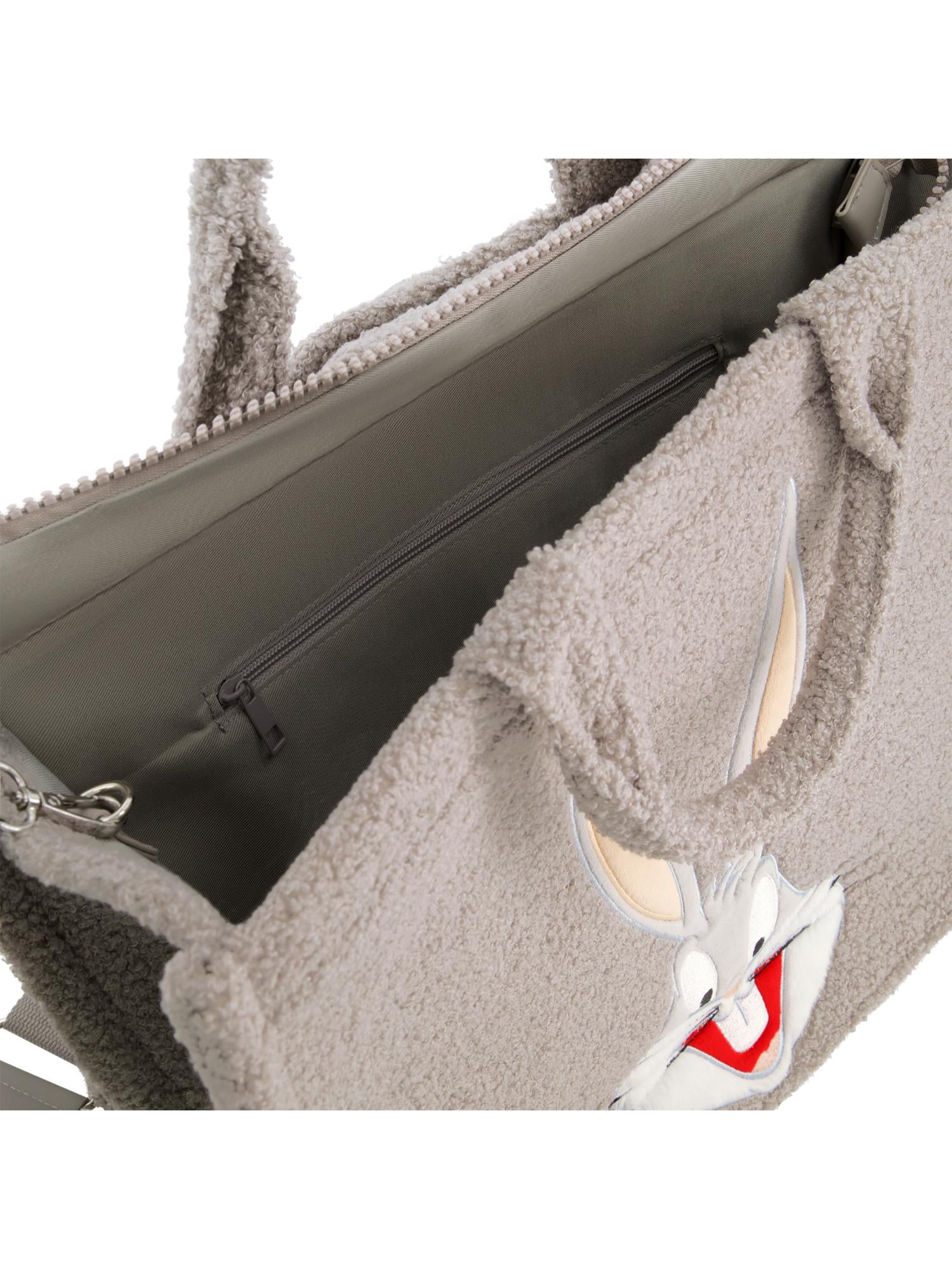 Looney Tunes Tote Bag, Bugs Bunny Faux Fur Travel Handbag with Adjustable Shoulder Strap and Trolley Sleeve, Gray