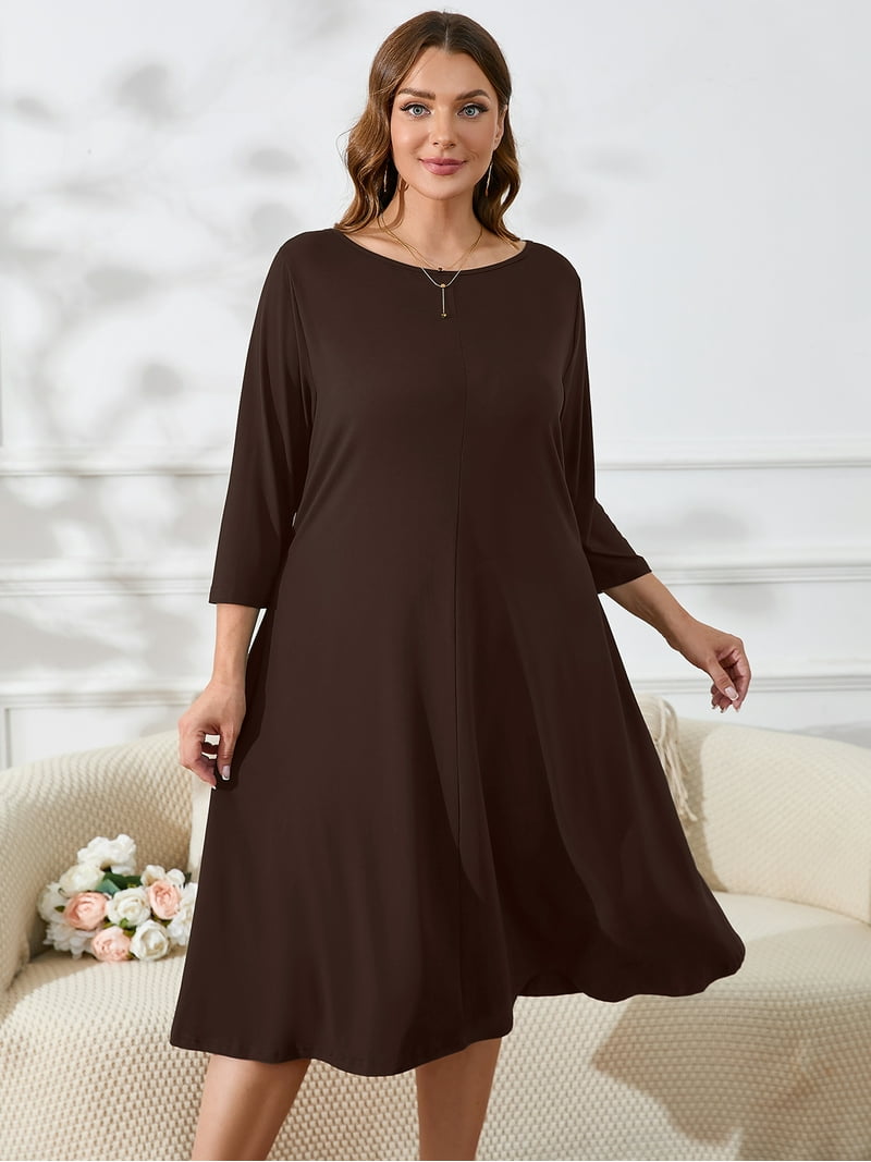 SHOWMALL Womens Plus Wear-to-Work Dresses Dark Brown 4X Casual Dress 3/4  Sleeves Midi Dress Boat Neck Flowy Dress with Pockets - Walmart.com