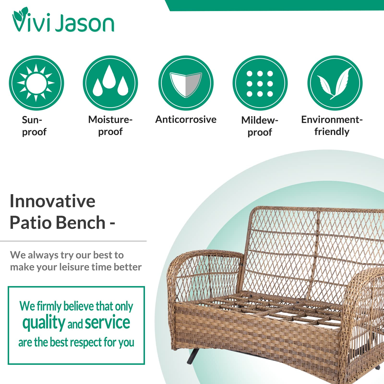 VIVIJASON 5-Piece Outdoor Patio Wicker Conversation Sets, All Weather Outdoor Rattan Furniture Set Includes Glider Loveseat, 2 Coffee Table, 2 Rocking Chairs with Cushions for Backyard, Light Brown