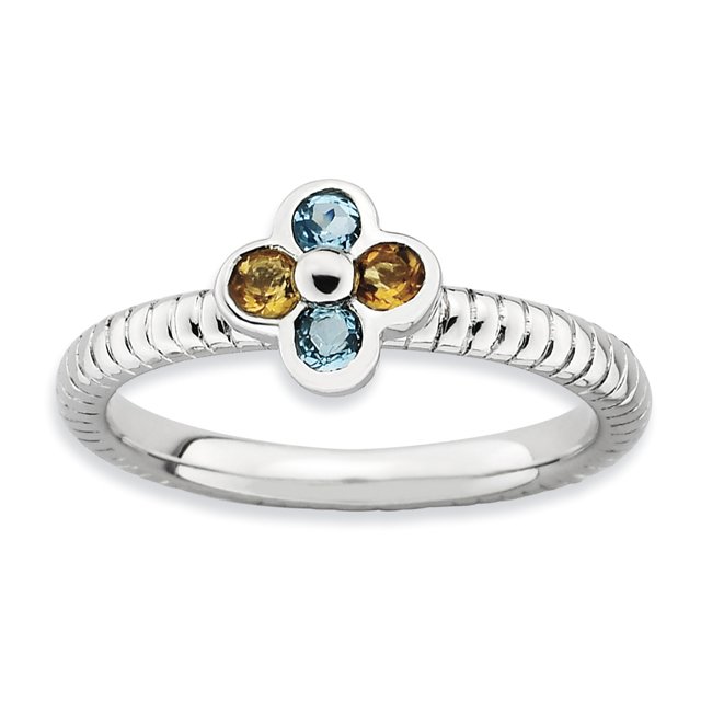 Sterling Silver Stackable Expressions Blue Topaz & Citrine Flower Ring Size 8