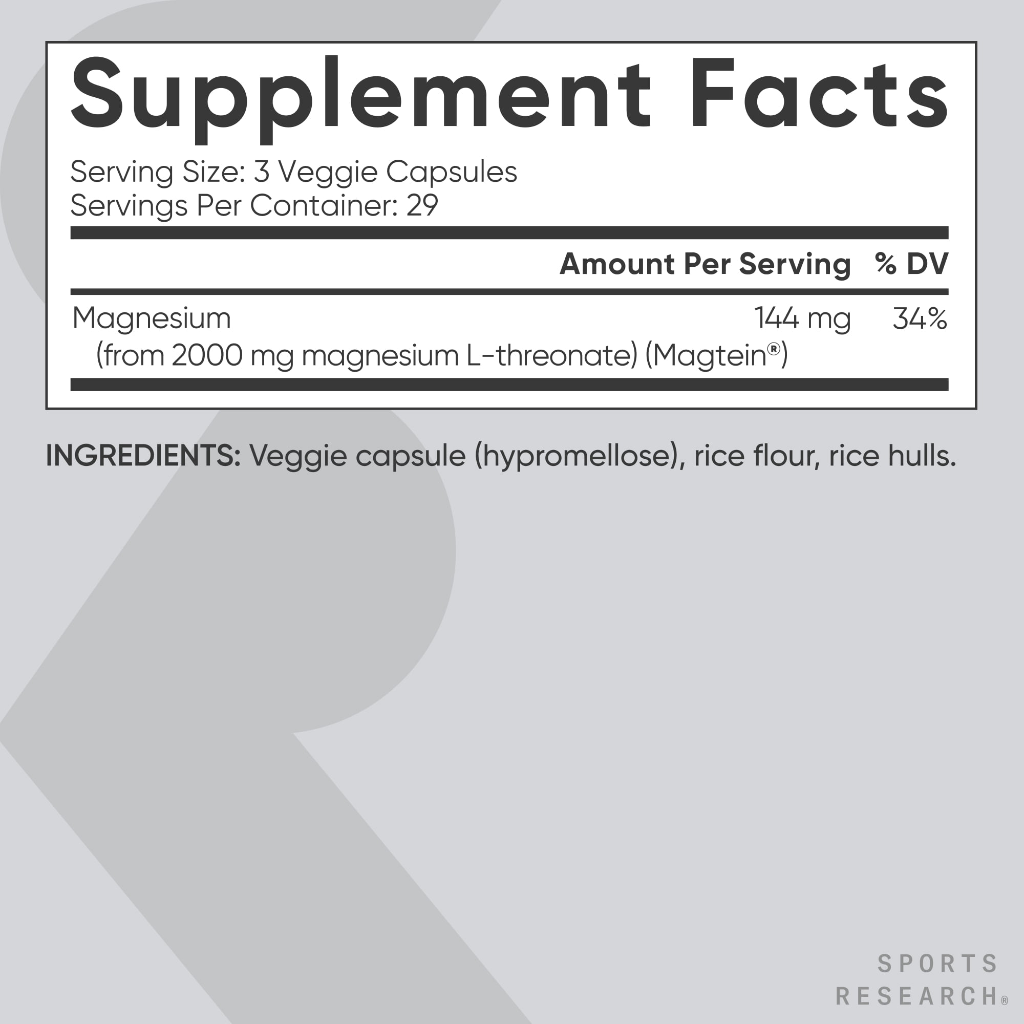 Sports Research Magtein Magnesium L-Threonate Capsules Supplement for Memory, Focus & Cognition - Supports Brain Health, Sleep & Mood - 2000mg, 87 Capsules