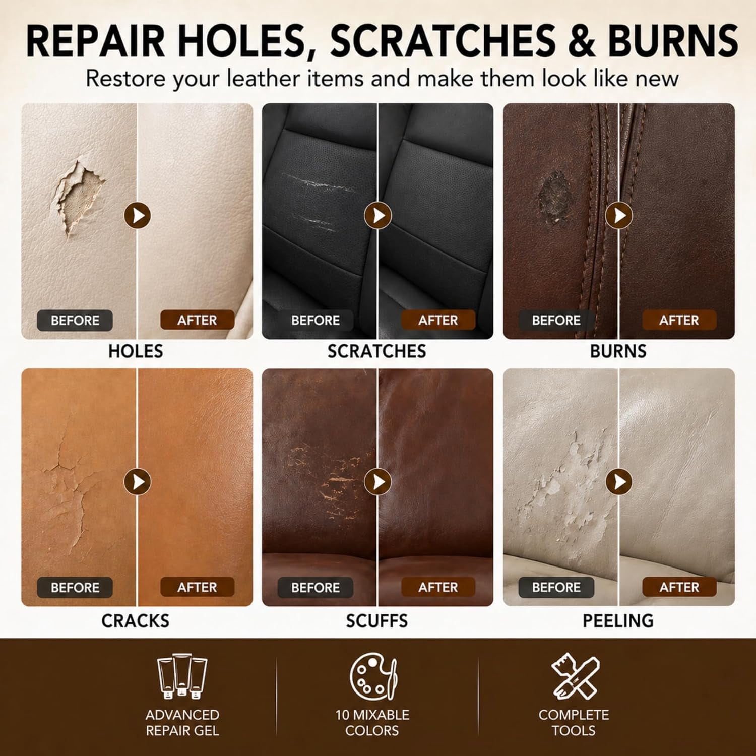 Leather and Vinyl Repair Gel Kit, 10 Color Options for Surface Restoration