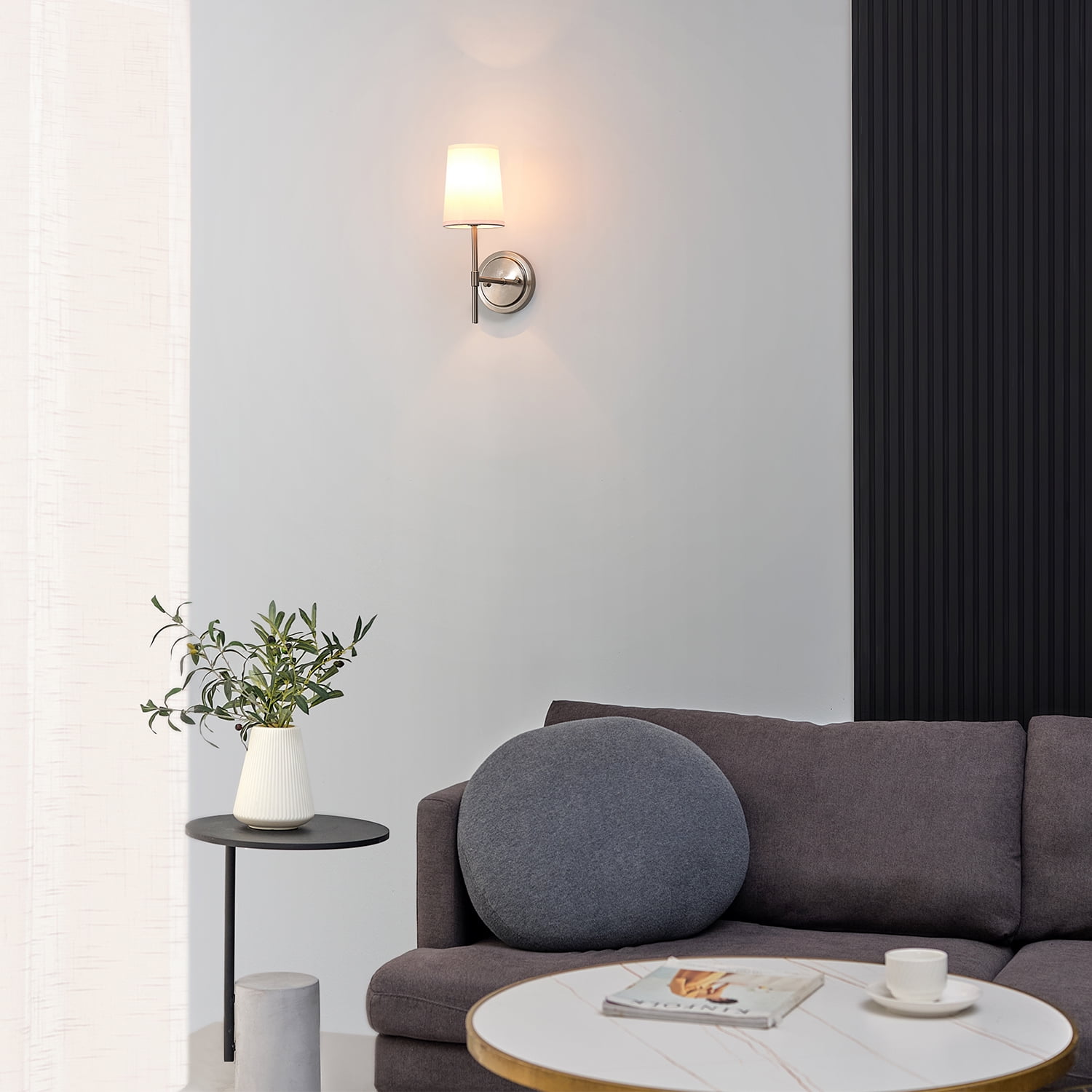 Better Homes & Gardens 1-Light Indoor Wall Sconce, Satin Nickel Finish, White Shade, Bulb Included