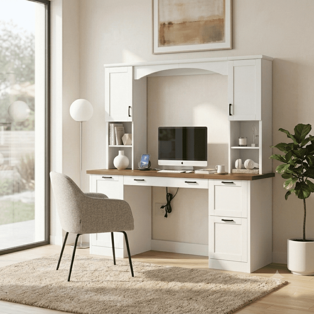 Howcool 68.6"H Farmhouse Arched Computer Desk with Hutch, Workstation with Built-In Charging Station, Keyboard Tray, All-in-One Writing Desk with File Drawer for Home Office