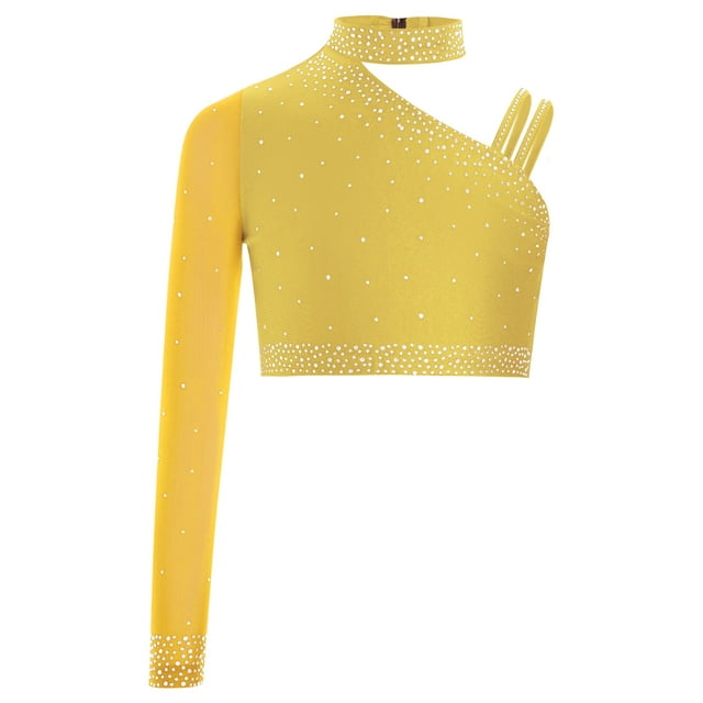 inlzdz Kids Girls Rhinestones Dance Crop Tops Unique Irregular Shoulder Blouse Jazz Ballet Dance Yellow 14