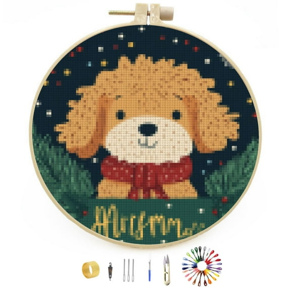 Merry Christmas Golden Doodle Dog DIY Stamped Cross Stitch Kits Easy for Beginners with Hoop 11CT Counted Embroidery Needlepoint Crafts Arts for Handmade Enthusiasts and Home Decor 30x30cm(1)