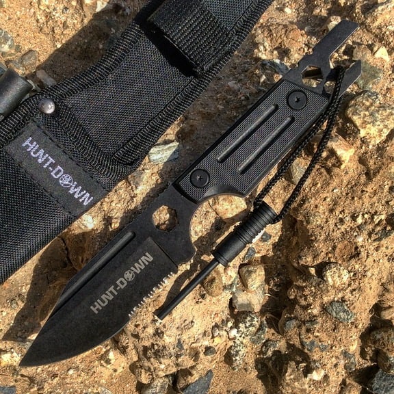 Hunt-Down 9.5' All Black Color Fixed Blade Hunting Knife With Sheath