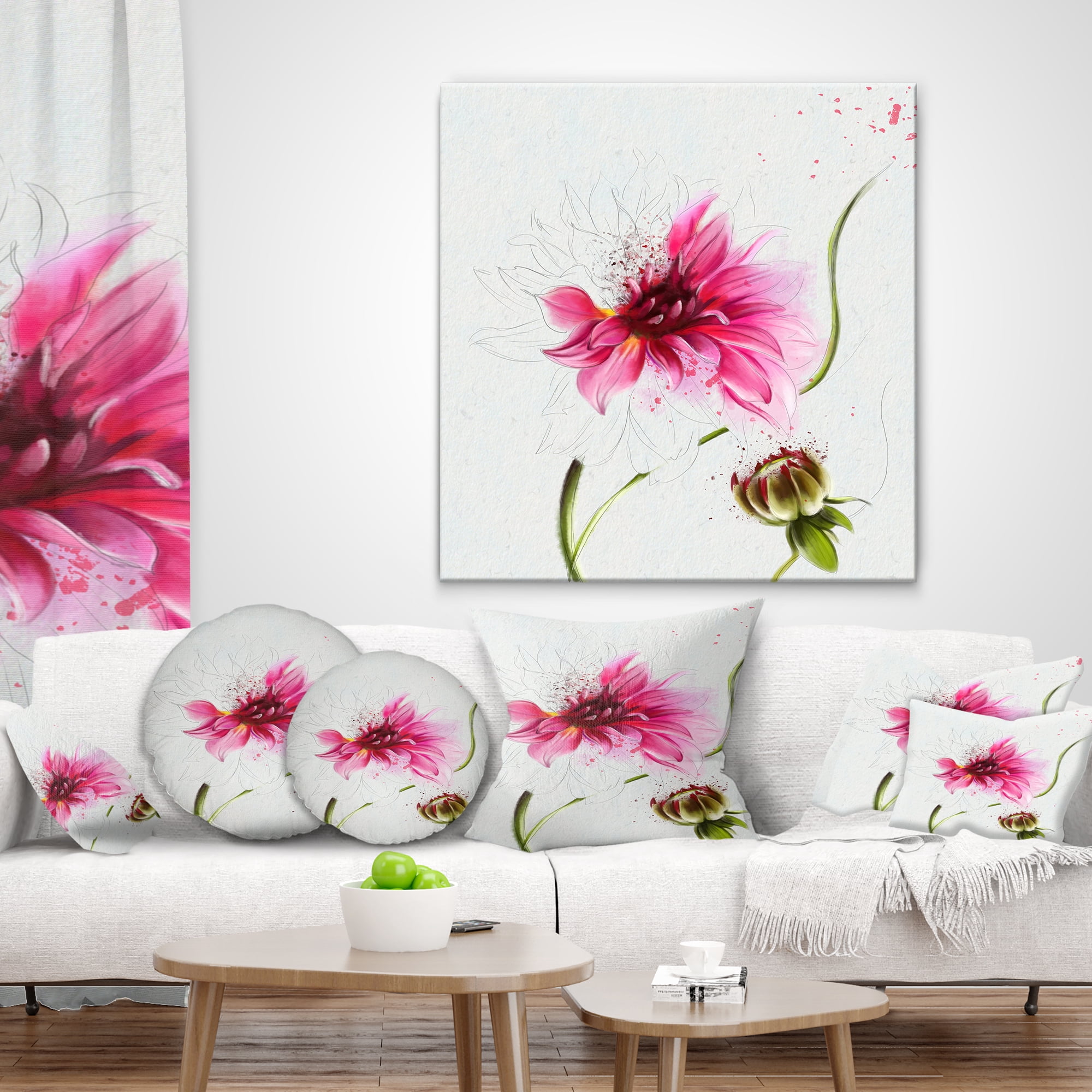 Designart Pink Flower with Stem and Bud - Floral Throw Pillow - 18x18