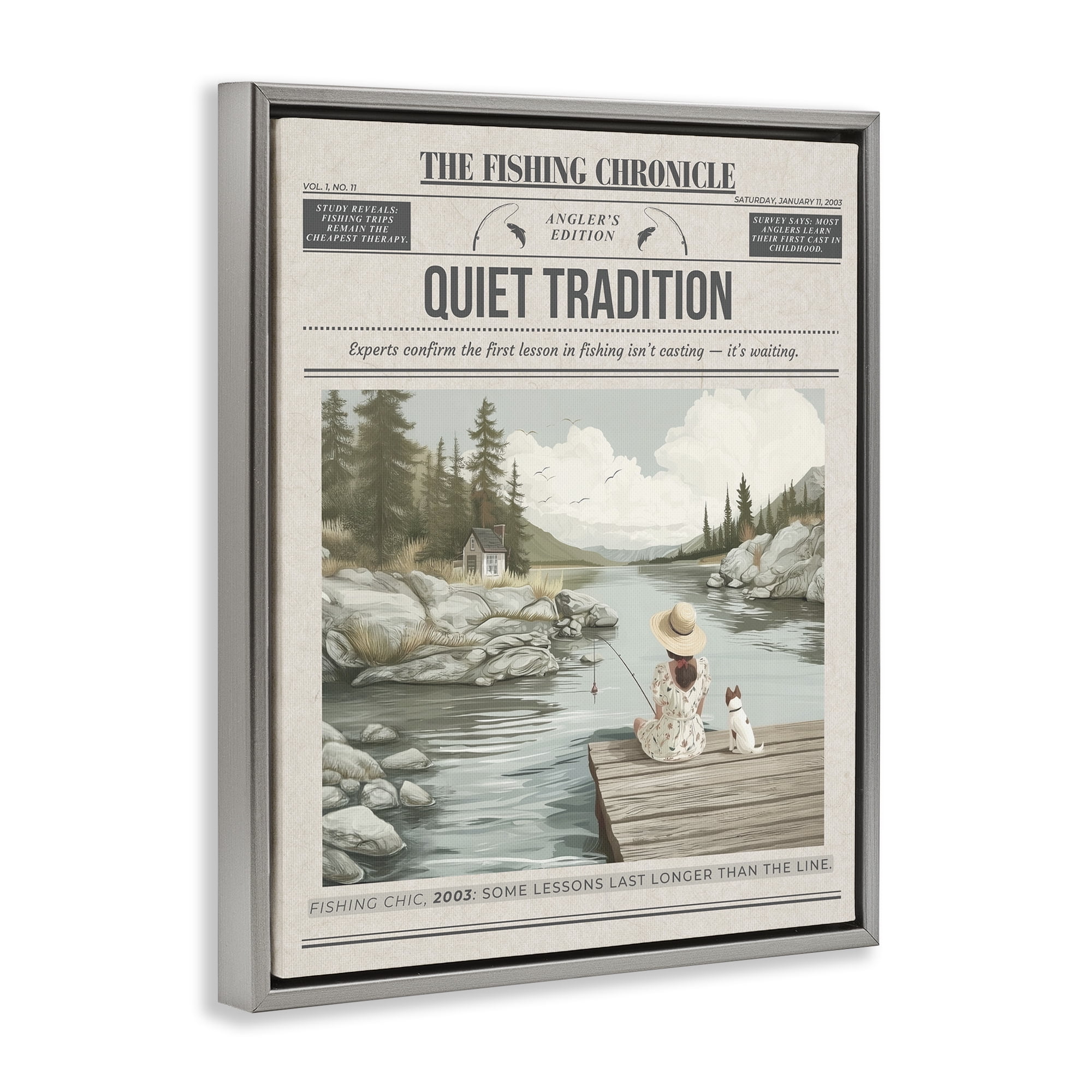 Stupell Industries Fishing Chronicle Magazine Gray Framed Floater Canvas Wall Art, design by A Barefoot Stylist