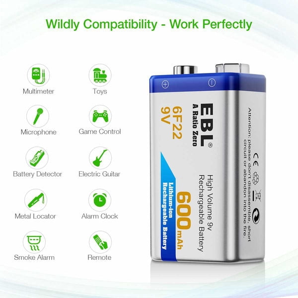 EBL Rechargeable  9V  Battery NiMH 150 mAh, 2 Pack