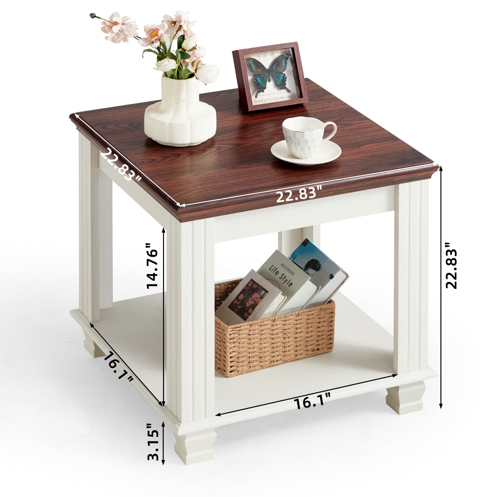 Buildhom Farmhouse End Table Set of 2, Large 2-Tier Side Table with Storage Shelf, Rustic Brown Square Tea Table for Living Room, White