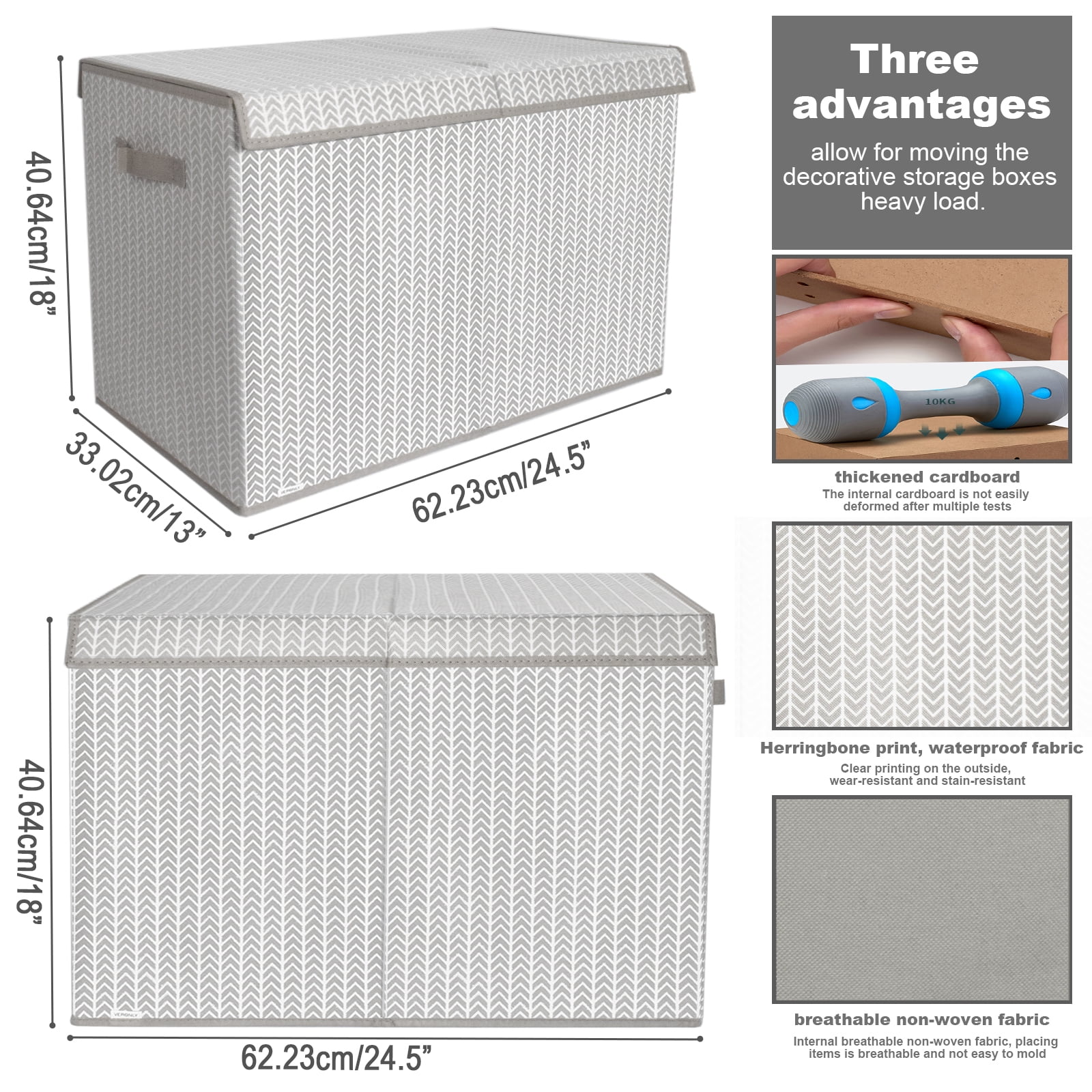 Large Toy Box Chest Organizer Bins for Boys Girls Kids, Collapsible Fabric Storage Basket Container with Flip-Top Lid & Handles for Clothes,Blanket,Nursery,Playroom,Bedroom, Herringbone Pattern(Gray)
