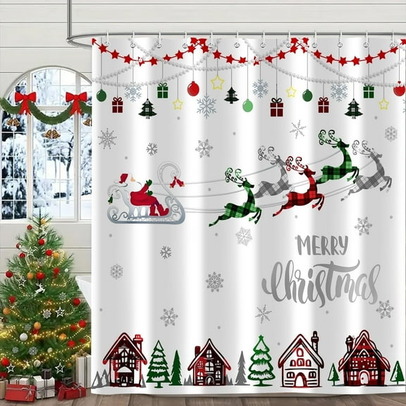 Merry Christmas Shower Curtain, Santa Claus Sleigh Reindeer Winter Snowflake Holiday Red and Green Check Plaid Shower Curtains Decor for Bathroom Set, Waterproof Set with 12 Hooks, 72x72 inches