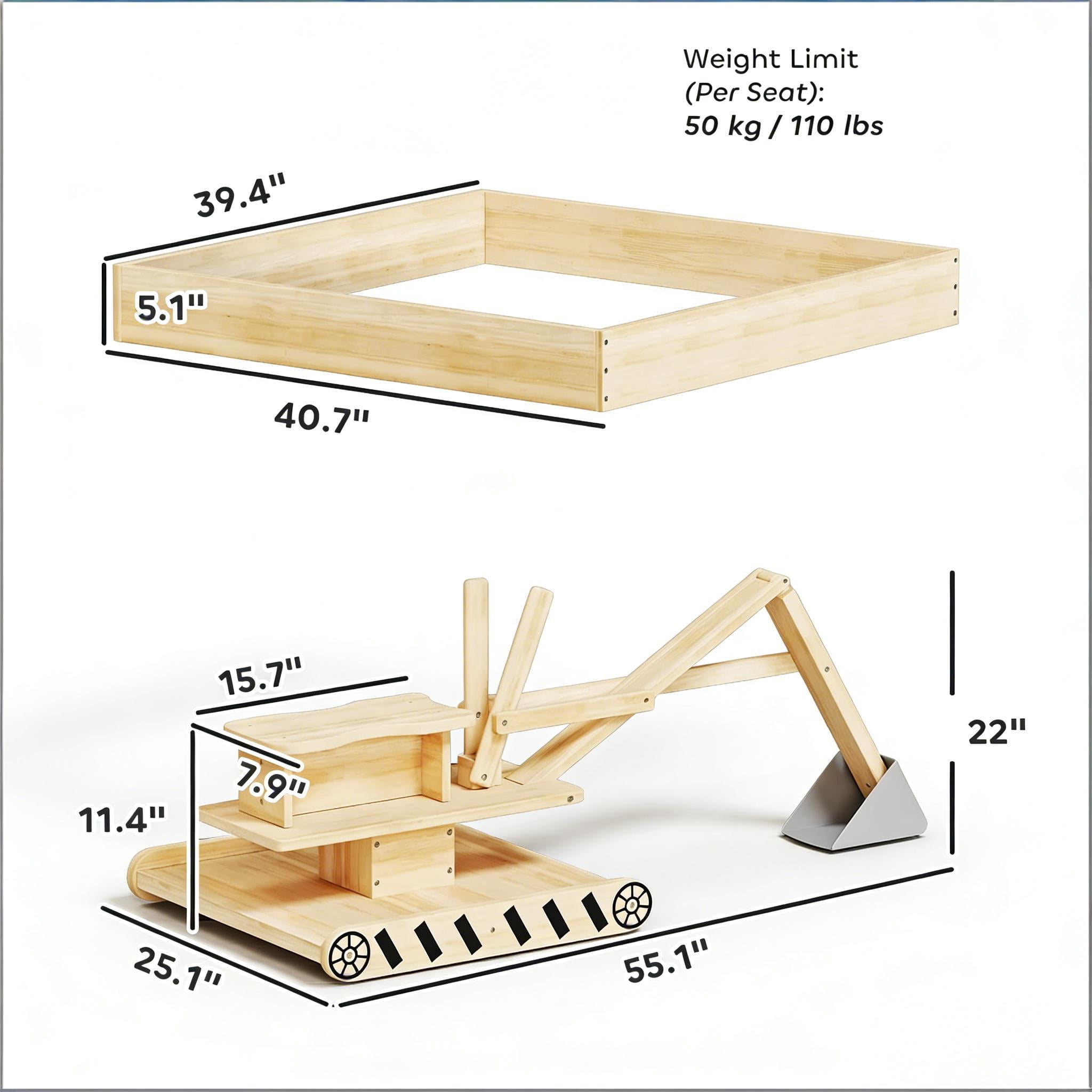 Kids Wooden Sandbox with 360° Rotating Digger, Large Fir Wood Sand Pit with Non-Woven Liner, Holds 440 Lbs Sand, Outdoor Play Construction Toy for Children Ages 3-6