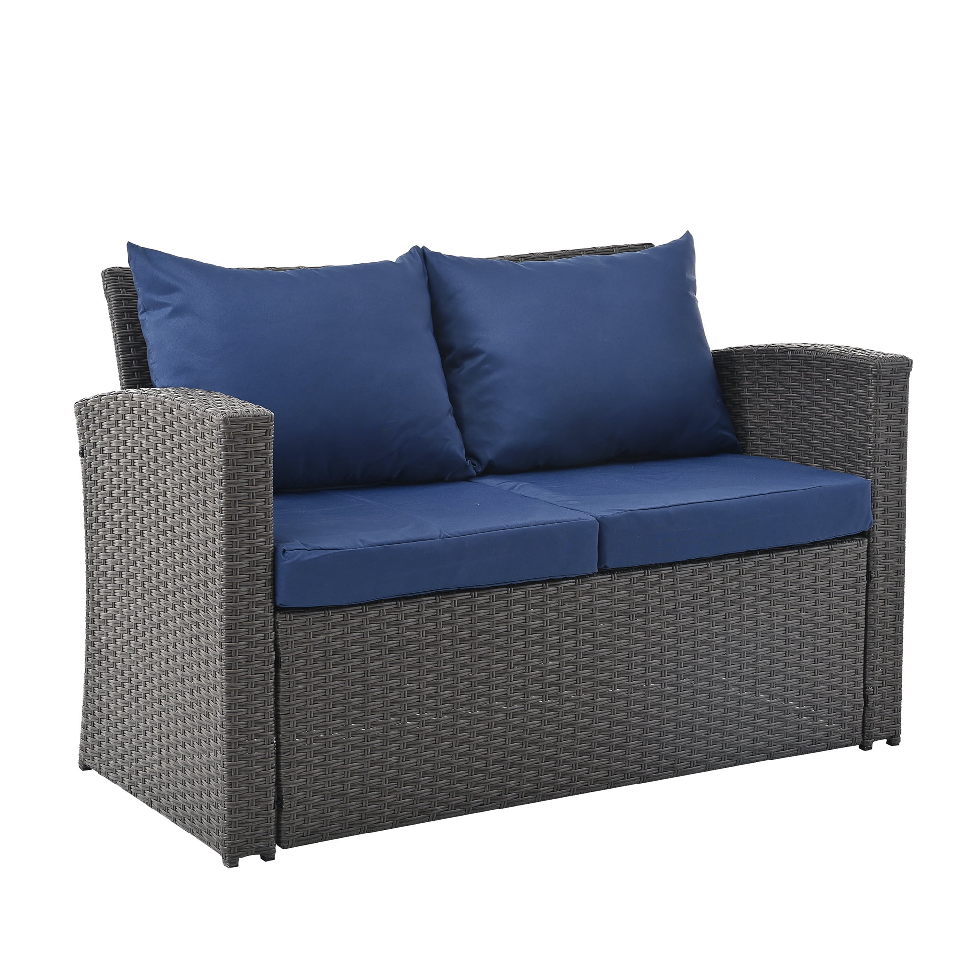 Highsound 4 Pieces Outdoor Sectional Sofa, Patio Furniture Sets Manual Weaving Wicker Rattan Patio Conversation Sets with Coffee Table, Blue Cushions