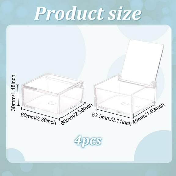 4 Pcs Plastic Flip Lid Box 2.4x2.4x1.2 Inch Clear Plastic Storage Boxes with Hinged Lids Small Display Organizer Containers