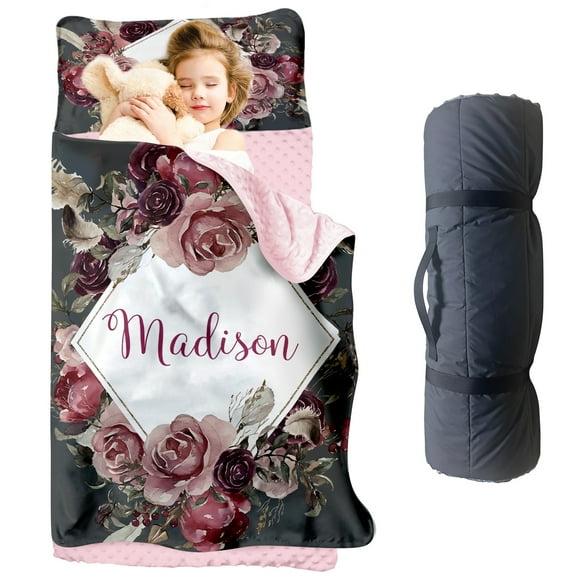 KAINSY Personalized Toddler Nap Mat with Name, Custom Kid Nap Mat for Girl, Wine Red Rose Daycare Sleeping Mats with Blanket&Removable Pillow, Perfect for Preschool Travel Kindergarten