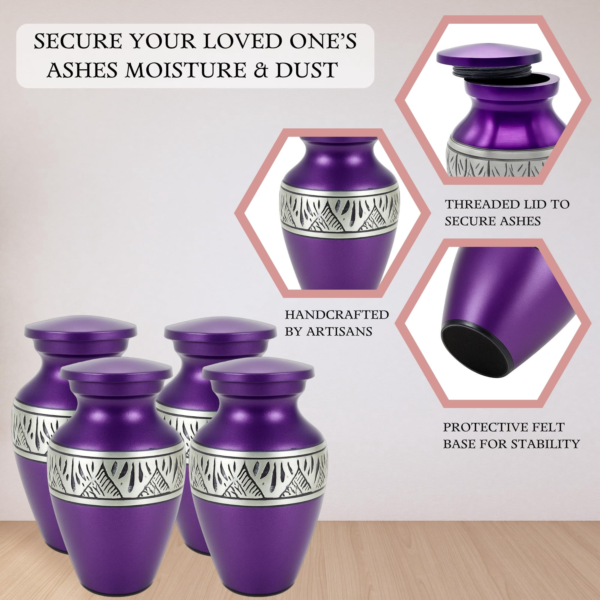 Nova Niche Small Purple Aluminium Cremation Urns for Human Ashes – Mini Memorial Keepsake Set of 4 with Velvet Case