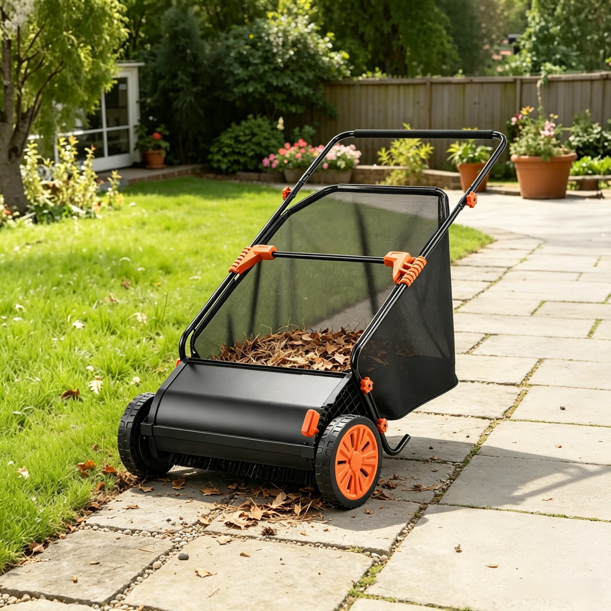 26" Push Lawn Sweeper, 7 cu. ft. Leaf & Grass Collector with Adjustable Brush Height & Rubber Wheels
