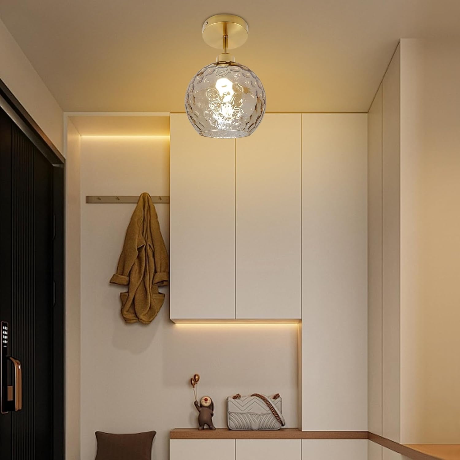 7.87" Semi Flush Mount Ceiling Light Fixtures, Vintage Ceiling Light Mid Century Close to Ceiling Light Dimmable Glass Shade Modern Ceiling Lamp for Hallway Bedroom Gold