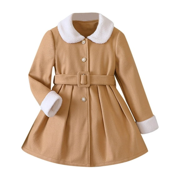 Povozer Girls Pea Coat Notched Lapel Collar Single Breasted Plaid Over Coats Long Jackets(Khaki,4-5 Years)