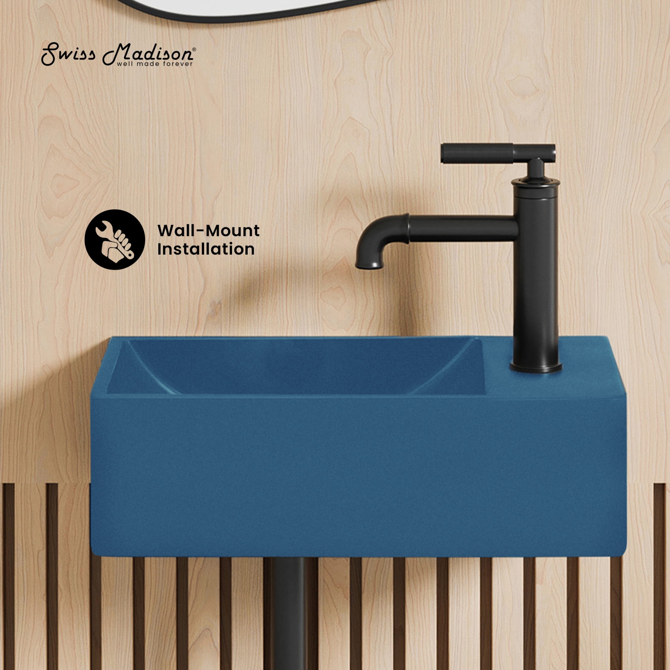 Lisse 16" Concrete Rectangle Wall-Mounted Sink with Right Side Faucet Mount in Matte Royal Blue