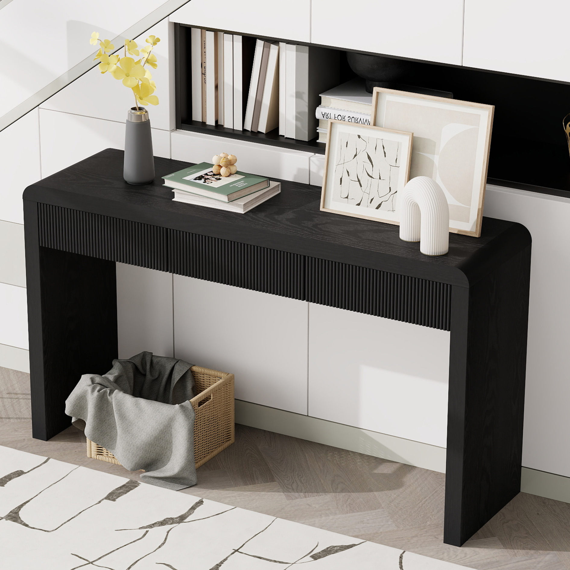 53 Inch Fluted Table for Entryway, Farmhouse Console Table with 3 Drawers and Adjustable Foot, Solid Wood Couch Tables Behind Sofa for Hallway, Living Room, Foyer, Black